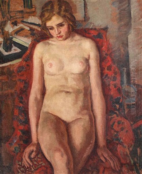 Nude On A Chair Oil Painting by Stefan Dimitrescu