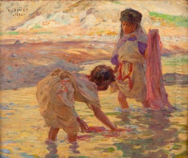 Jeunes Lavandieres A L'oued Oil Painting by Alphonse Etienne Dinet