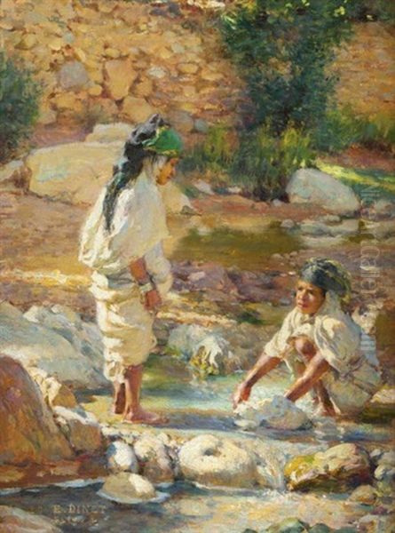 Deux Jeune Filles A L'oued De Bou Saada Oil Painting by Alphonse Etienne Dinet