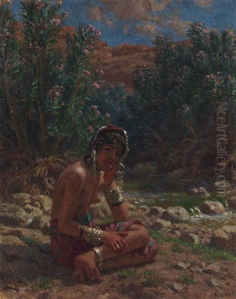 Au Bord De L'oued Oil Painting by Alphonse Etienne Dinet