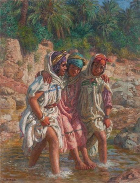 Trois Jeunes Filles Dans L'oued Oil Painting by Alphonse Etienne Dinet