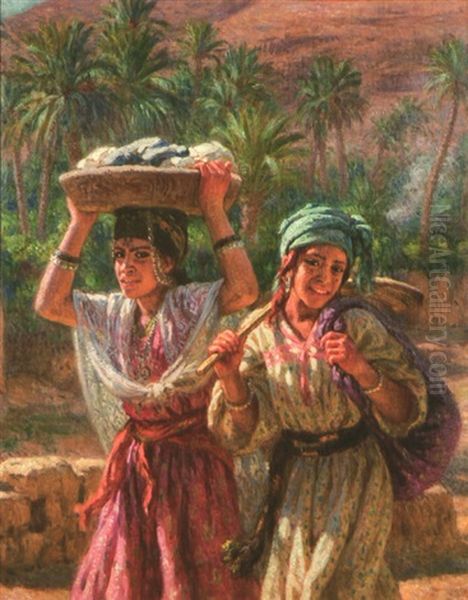 Jeune Laveuses Revenant De L'oued, Bou-saada Oil Painting by Alphonse Etienne Dinet