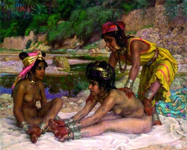 Baigneuses Dans L'oued, Le Massage Oil Painting by Alphonse Etienne Dinet