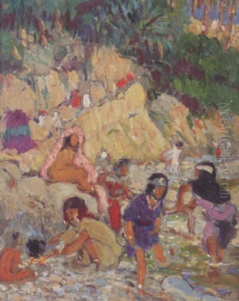 Lavandieres Dans L'oued De Bou Saada Oil Painting by Alphonse Etienne Dinet