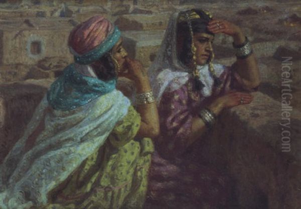 Deux Femmes Sur La Terrasse, Clair De Lune Oil Painting by Alphonse Etienne Dinet