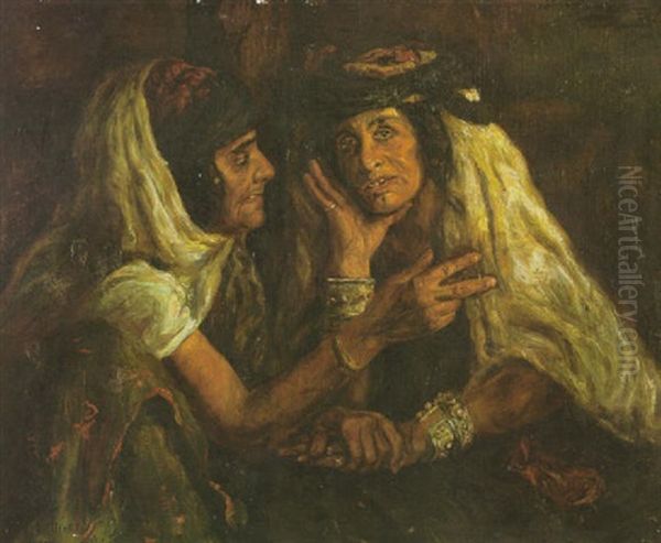 Two Arab Women In An Interior Oil Painting by Alphonse Etienne Dinet