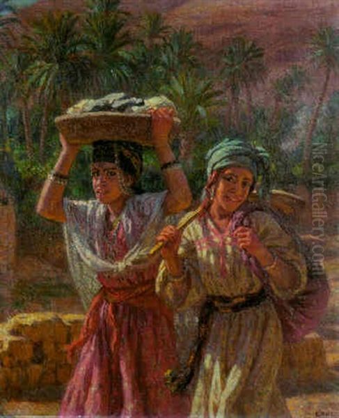 Jeunes Laveuses Revenant De L'oued Bou-saada Oil Painting by Alphonse Etienne Dinet