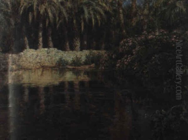 Une Source Dans L'oasis (clair De Lune) Oil Painting by Alphonse Etienne Dinet