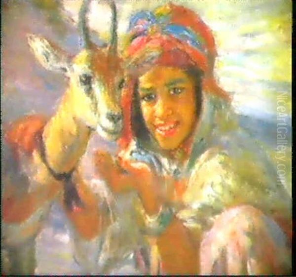 La Fillette Et La Gazelle Oil Painting by Alphonse Etienne Dinet