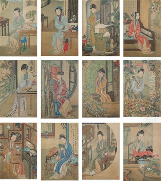 A Set Of Twelve 'ladies' Silk Paintings Oil Painting by  Ding Guanpeng