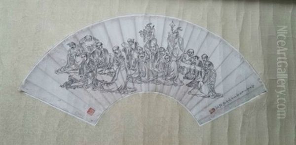 Ming Chinese Ink And Color Calligraphy Fan Scroll Oil Painting by  Ding Yunpeng