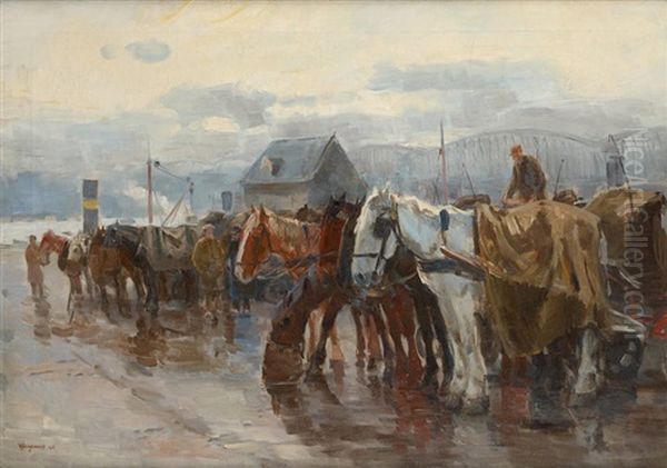 Le Chariot Attele Au Bord Du Fleuve Oil Painting by Waalko (Jans) Dingemans