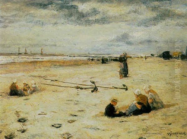 Children Playing On The Beach Oil Painting by Waalko (Jans) Dingemans