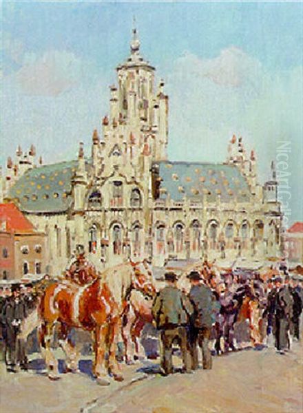 A Horse Market With The Townhall Beyond, Middelburg Oil Painting by Waalko (Jans) Dingemans