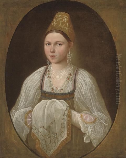 Portrait Of A Young Woman In Traditional Russian Costume Oil Painting by Ivan Argunov