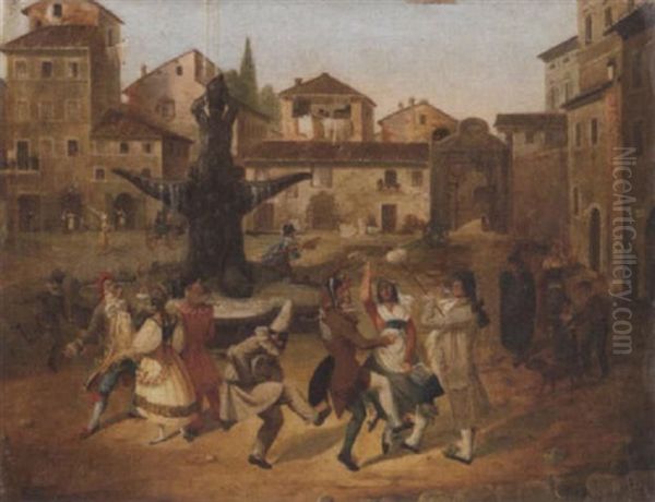 A Troupe Of Commedia Dell'arte Actors In A Roman Piazza Oil Painting by Francesco Diofebi