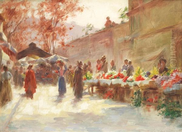 Street Market Scene Oil Painting by Serkis Diranian