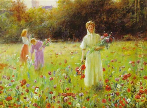 Women In A Field Of Poppies Oil Painting by Serkis Diranian