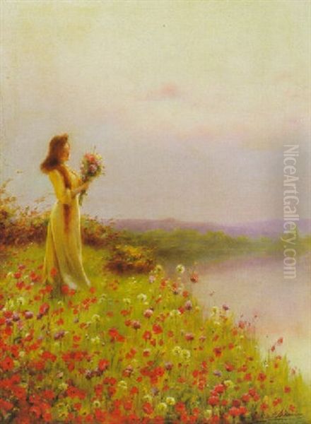 Woman In A Field Of Poppies Oil Painting by Serkis Diranian