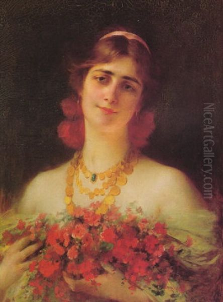 Portrait Of A Woman Holding A Bouquet Of Wild Flowers Oil Painting by Serkis Diranian