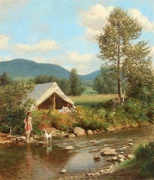 Scene With Family Camp By A Stream In The Wilderness Oil Painting by Helmuth Dirckinck-Holmfeld