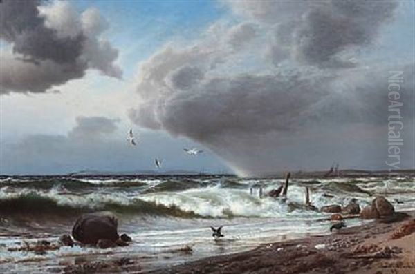 Coastal Scene With A Rainbow Oil Painting by Helmuth Dirckinck-Holmfeld