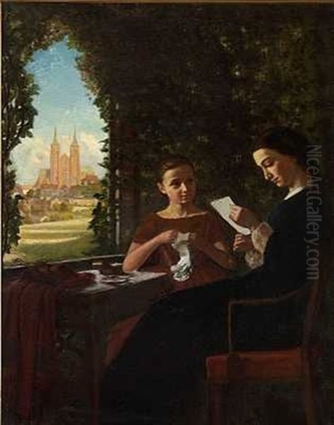 Mor Og Datter Siddende Ved Et Bord Med Udsigt Til Roskilde Domkirke Oil Painting by Helmuth Dirckinck-Holmfeld