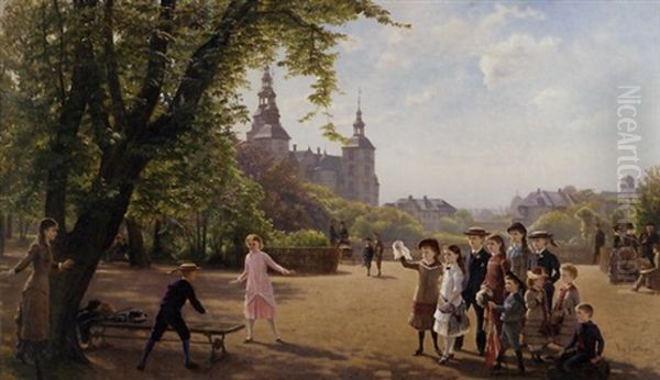 Ludvig Dahl's Children Playing In Kongens Have Park With King Christian Iv's Summer Residence Rosenborg Slot Beyond, Copenhagen Oil Painting by Helmuth Dirckinck-Holmfeld