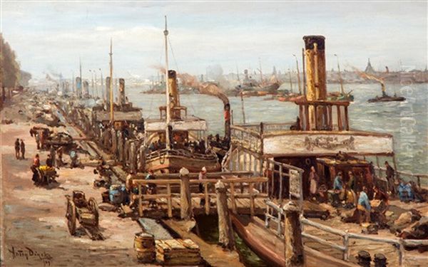 Schepen Aan De Maaskade In Rotterdam Oil Painting by Antonius Bernardus Dirckx