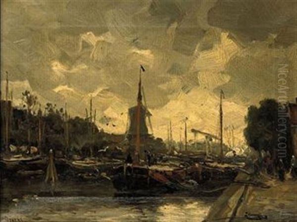 A Busy Harbor Oil Painting by Antonius Bernardus Dirckx