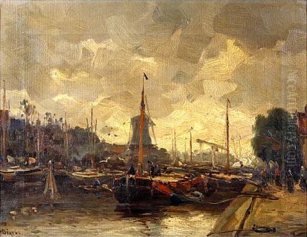 Harbor Scene Oil Painting by Antonius Bernardus Dirckx