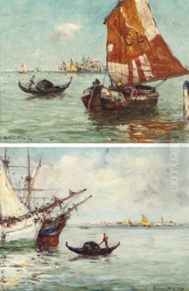 Sailing-vessels And Gondolas, Venice (+ Another; Pair) Oil Painting by Antonius Bernardus Dirckx