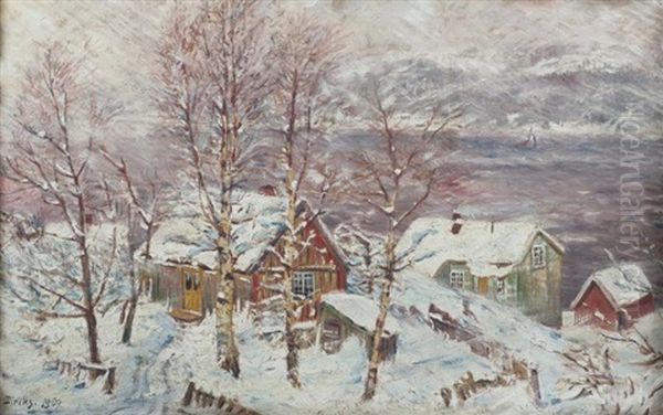 Village Sous La Neige Oil Painting by Karl Edvard Diriks