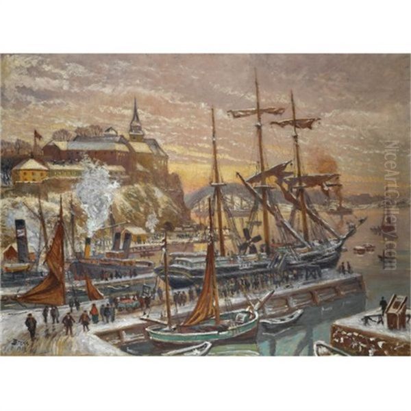 Akershus Havn, Oslo-akershus Harbour, Oslo Oil Painting by Karl Edvard Diriks