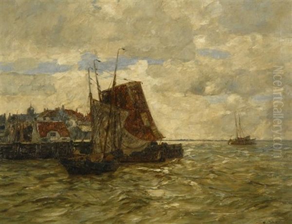 Fischerboote Am Kai Einer Hollandischen Hafenstadt Oil Painting by Andreas Dirks