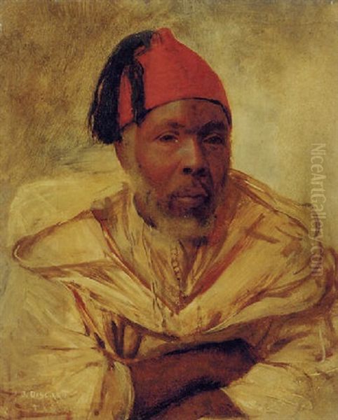 The Head Of Berber In A Red Fez Oil Painting by Jean Discart