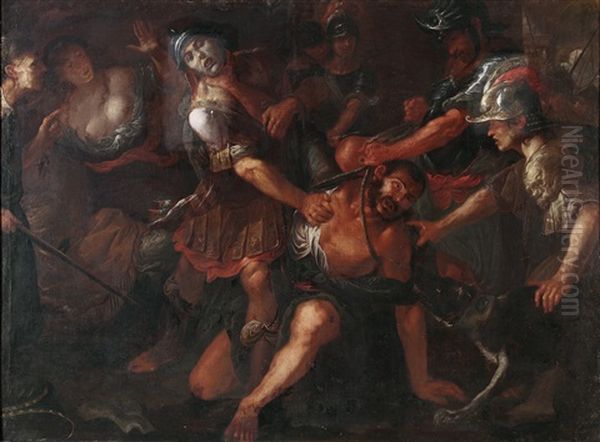 Samson Befreit Sich Aus Den Seilen (+ Die Blendung Samsons Durch Die Philister; Pair) Oil Painting by Giovanni Battista (lo Zoppo di Lugano) Discepoli