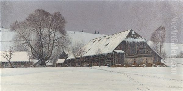 Black Forest Homestead In Winter Oil Painting by Hermann Dischler