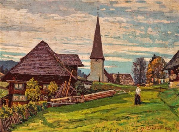 Dorfkirche - Abend (village Church - Evening) Oil Painting by Hermann Dischler