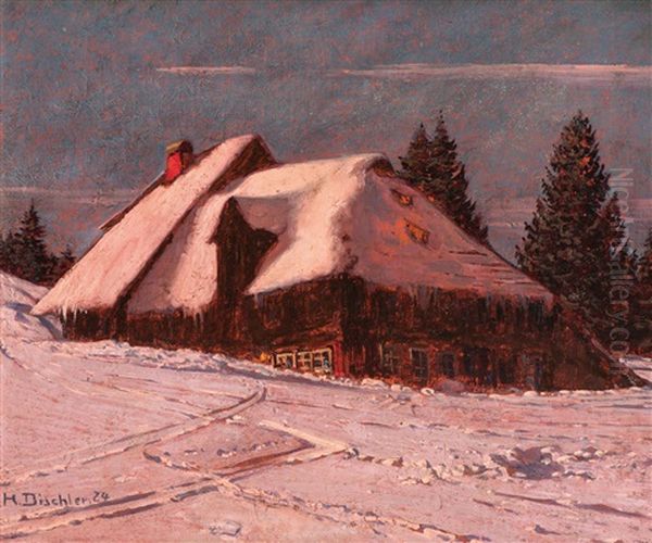 Altes Schwarzwaldhaus Im Schnee (old Black Forest House In The Snow) Oil Painting by Hermann Dischler