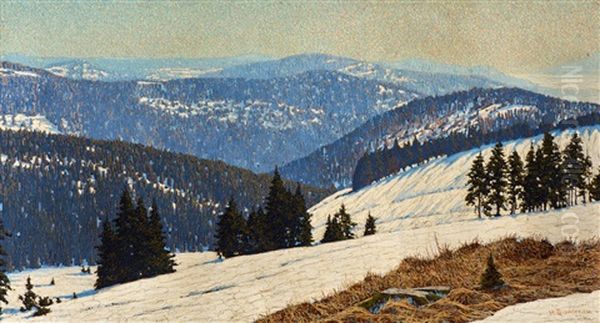 The End Of Winter - Vast Black Forest Landscape With Fir Trees Oil Painting by Hermann Dischler