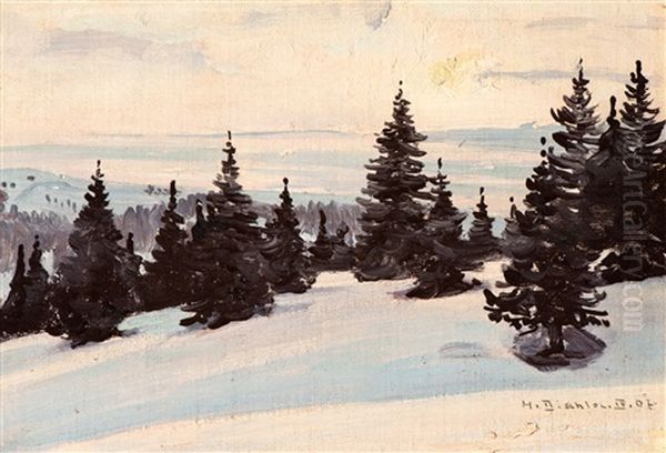 Evening Winter Landscape With Fir Trees Oil Painting by Hermann Dischler