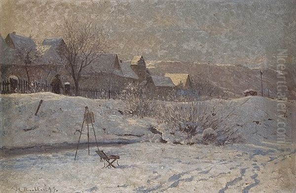 Painter In The Snow Oil Painting by Hermann Dischler