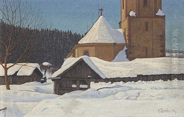 Kirche In Hinterzarten - Die Kirche Maria In Den Zarten Im Schnee Oil Painting by Hermann Dischler