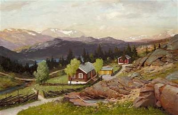 Parti Fra En Norsk Bygd. I Baggrunden Sneklaedte Fjelde Oil Painting by Andreas Edvard Disen