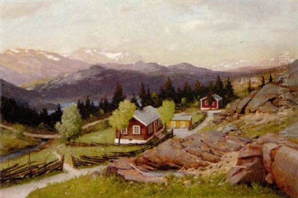 Parti Fra En Norsk Bygd. I Baggrunden Sneklaedtebjegge Oil Painting by Andreas Edvard Disen