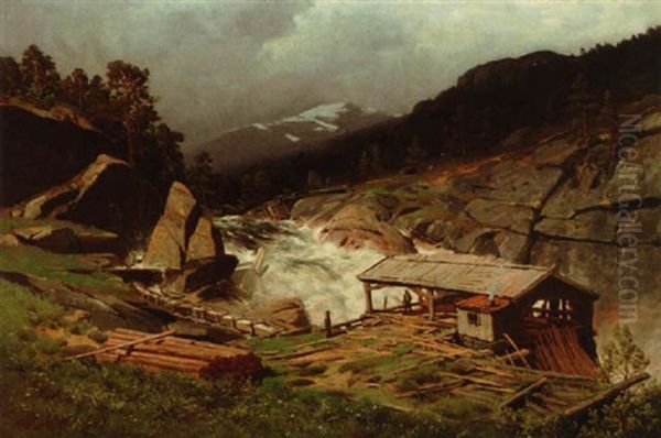 Hoyfjell Med Sagbruk Oil Painting by Andreas Edvard Disen