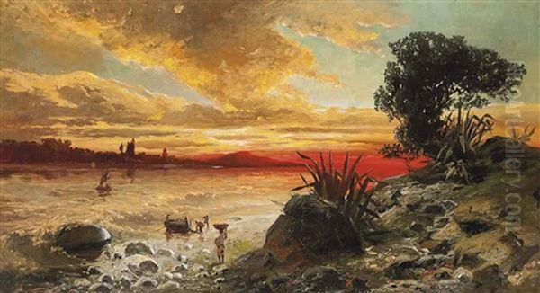 Fishermen Bringing In The Catch At Sunset On The Pozzuoli Coast Oil Painting by Ludwig Dittweiler