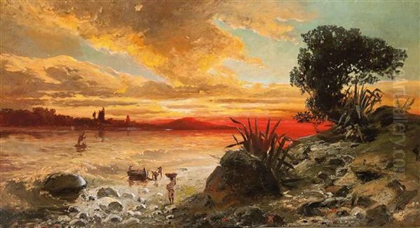 Fishermen Bringing In The Catch At Sunset On The Pozzuoli Coast Oil Painting by Ludwig Dittweiler