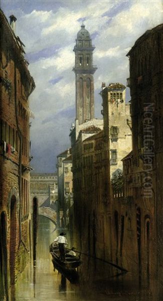 Venedig: Blick Uber Einen Kanal Mit Gondoliere, Im Hintergrund Ein Campanile Oil Painting by Ludwig Dittweiler